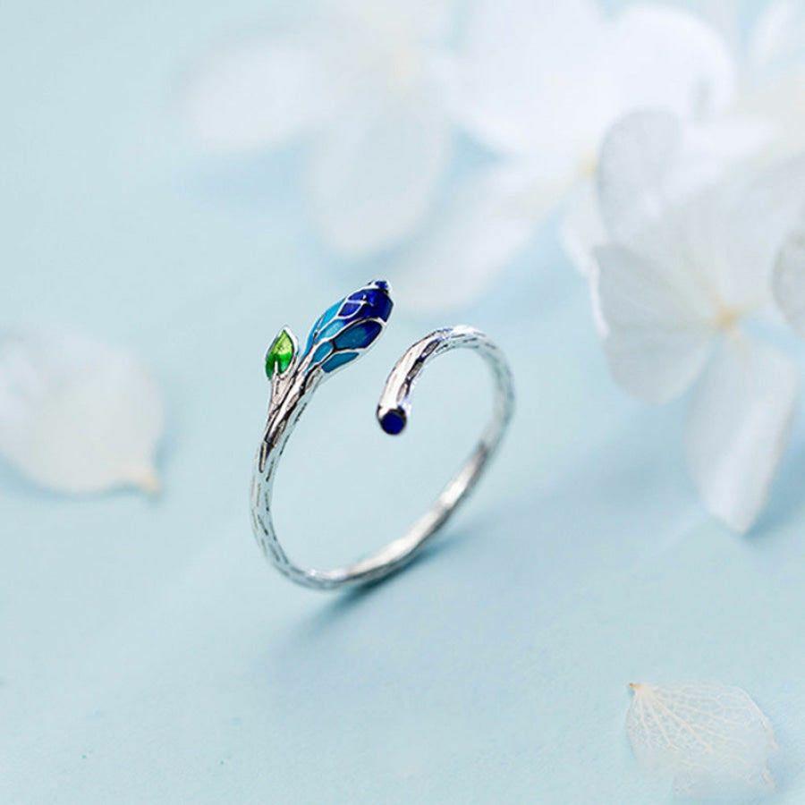 925 Sterling Silver Leaf & Blue Flower Ring | Rings Jewelry Rings