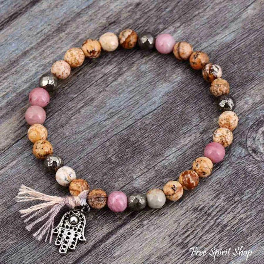 Handmade Natural Semi-Precious Jasper & Pyrite Stones Bracelet with Tassel | Bracelets Bracelets Bracelets