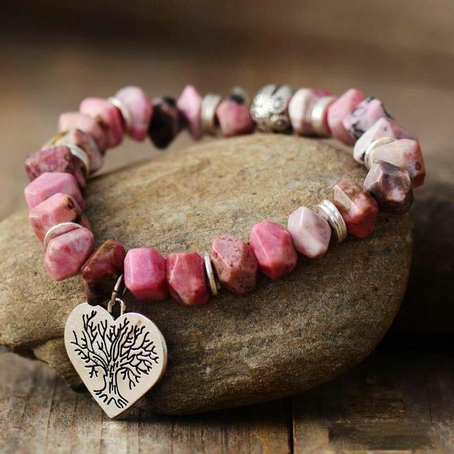 Natural Rhodonite Tree of Life & Heart Bead Bracelet | Bracelets Bracelets