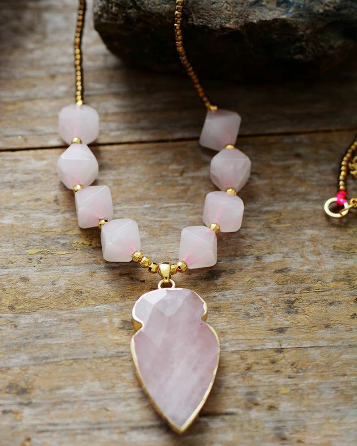 Natural Rose Quartz Diamond Shaped Pendant Necklace | Necklaces Jewelry Necklaces