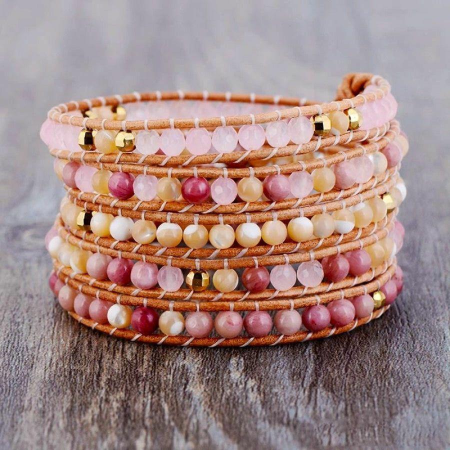 Natural Rose Quartz Yellow Onyx & Agate Gemstone Leather Wrap Bracelet | Bracelets Bracelets Bracelets