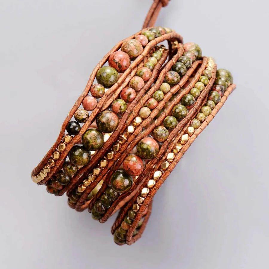 Handmade Natural Unakite Gemstone 5 Layer Leather Wrap Bracelet | Bracelets Bracelets Bracelets