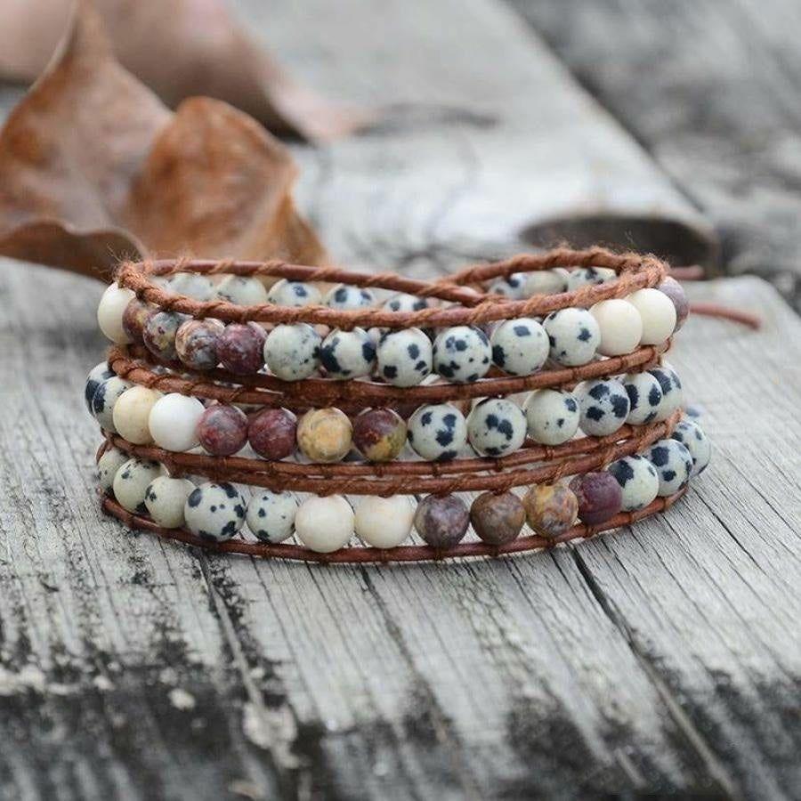 Handmade Red Jasper & Dalmatian Jasper Stone Leather Wrap Bracelet | Bracelets Bracelets Bracelets