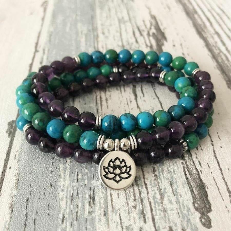 108 Natural Amethyst & Chrysocolla Mala Bead Bracelet | Mala Beads Bracelets Bracelets