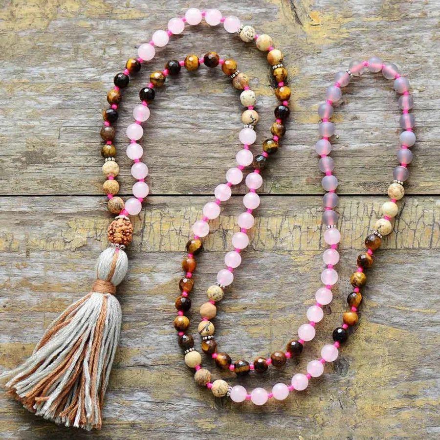 108 Natural Rose Quartz Tiger Eye Jasper Gemstone Mala Bead Necklace | Necklaces Jewelry Mala Beads