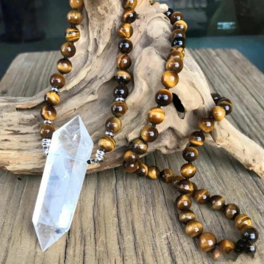 108 Natural Tiger Eye & Clear Quartz Wandpoint Mala Bead Necklace | Mala Beads Jewelry Mala Beads