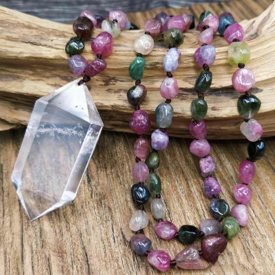 108 Natural Tourmaline Gemstone Mala Bead Necklace With Quartz Pendant | Necklaces Jewelry Mala Beads