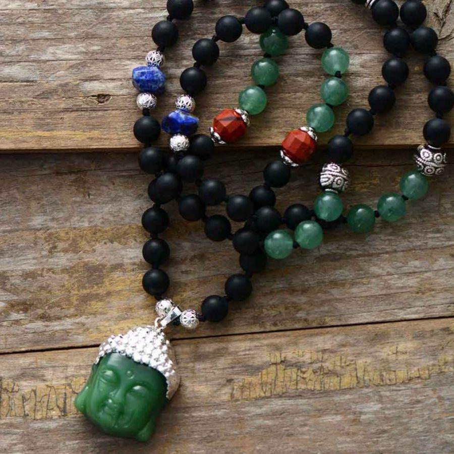 Natural Black Onyx & Green Jade Buddha Pendant Necklace | Mala Beads Jewelry Mala Beads