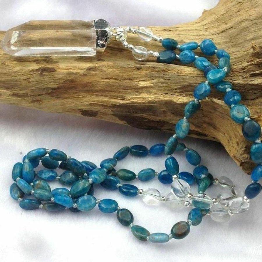 Natural Blue Apatite & Clear Quartz Crystal Necklace | Necklaces Jewelry Mala Beads