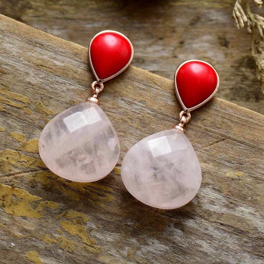 Natural Rose Quartz and Red Stone Drop Earrings | Earrings Earrings Earrings